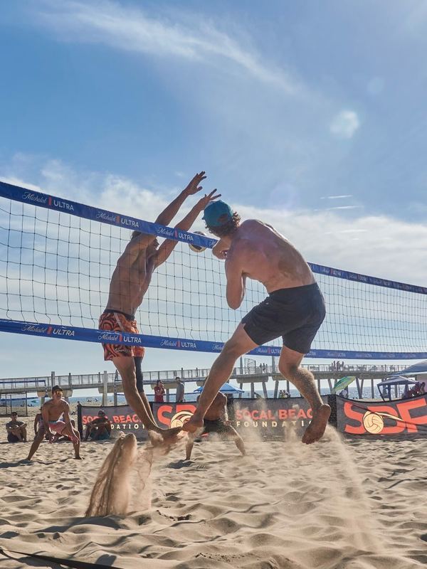Players going up for a block at the net during SoCal Cup 2026